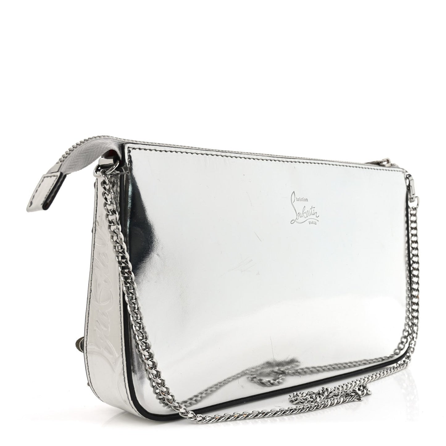 Metallic Patent Calfskin Flower Loubila Chain Clutch Silver