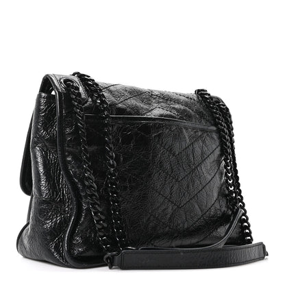Crinkled Calfskin Matelasse Monogram Medium Niki Chain Satchel Black