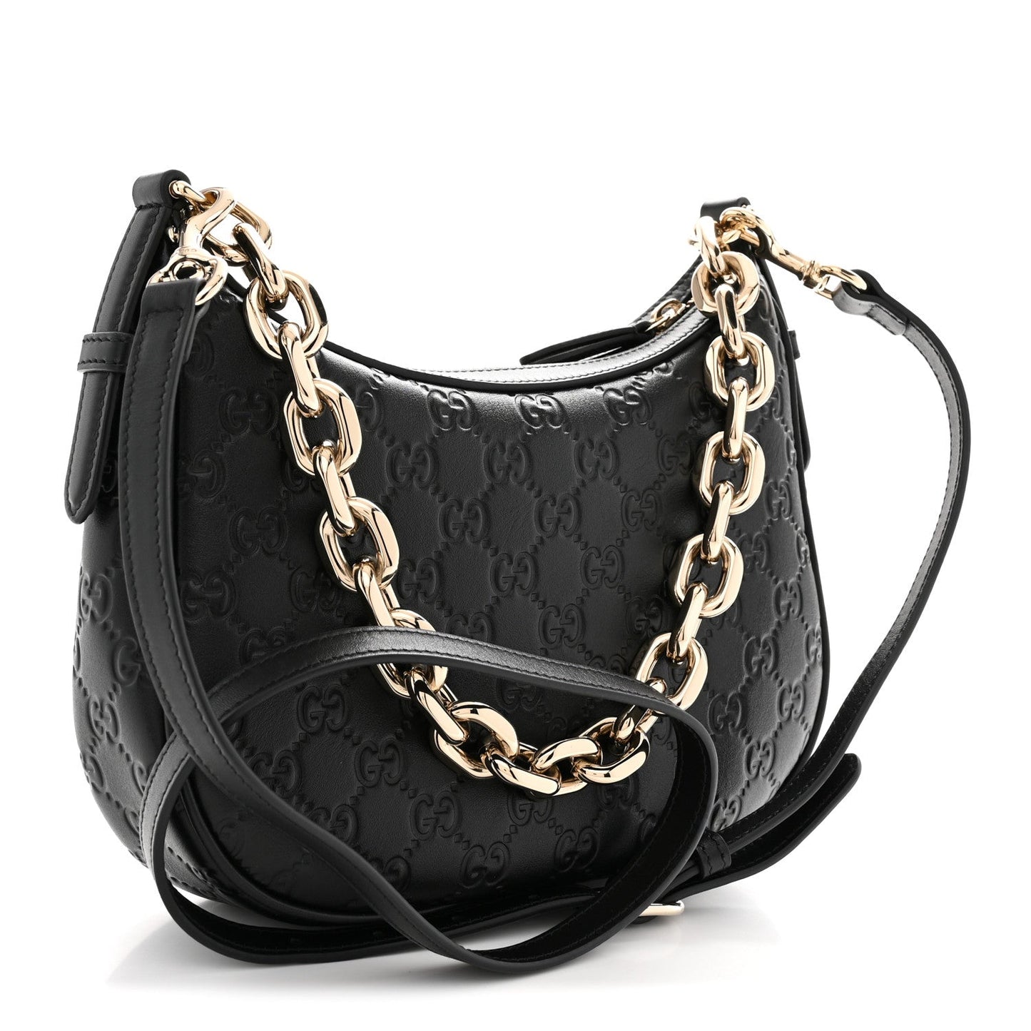 GG Grainy Calfskin Emblem Small Half Moon Shoulder Black