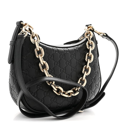 GG Grainy Calfskin Emblem Small Half Moon Shoulder Black