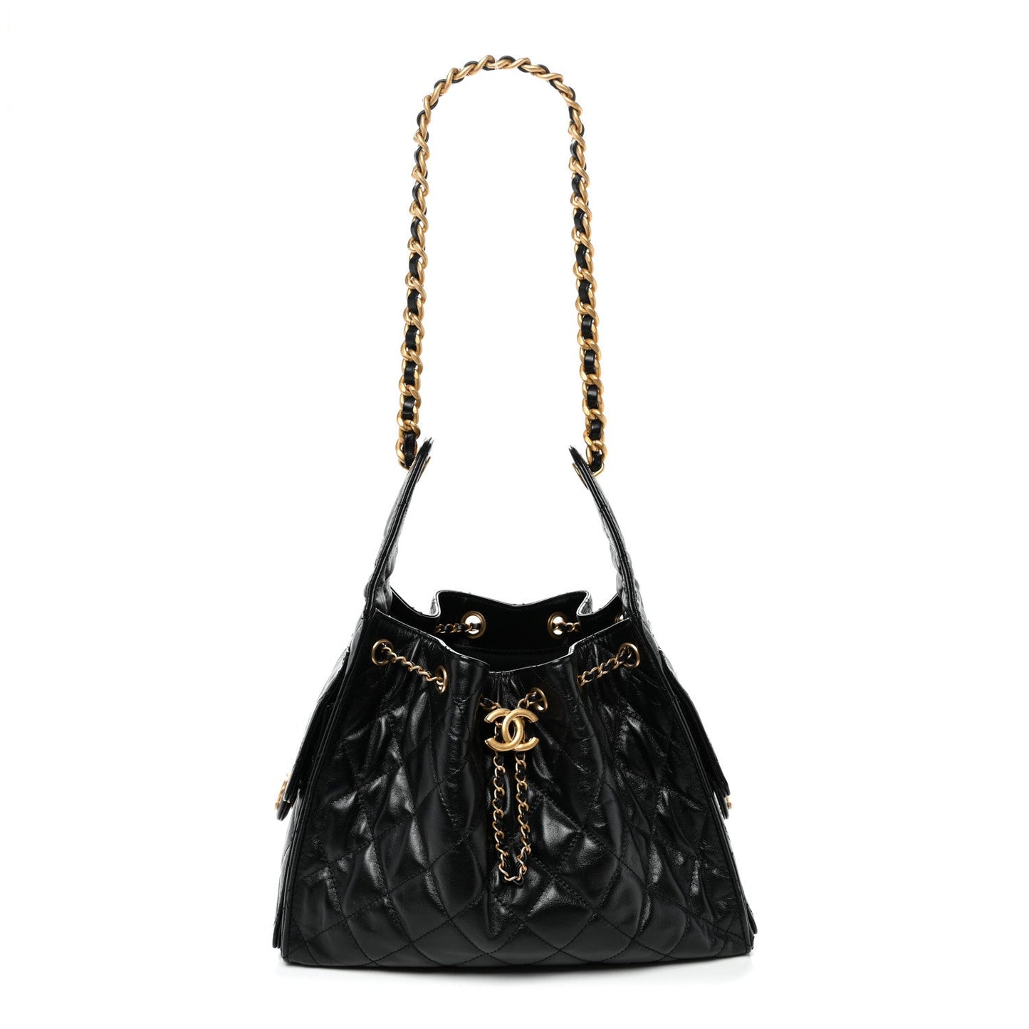 Shiny Crumpled Calfskin Quilted Small Chanel 25 Handbag Black