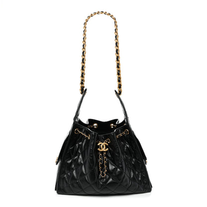 Shiny Crumpled Calfskin Quilted Small Chanel 25 Handbag Black