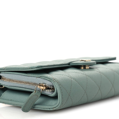 Caviar Quilted Phone Holder Wallet on Removable Chain Light Blue