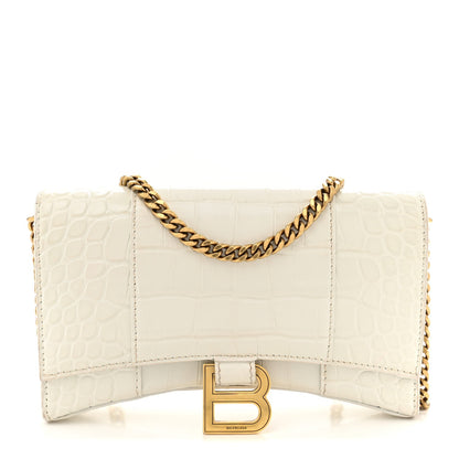Shiny Calfskin Crocodile Embossed Hourglass Chain Bag White