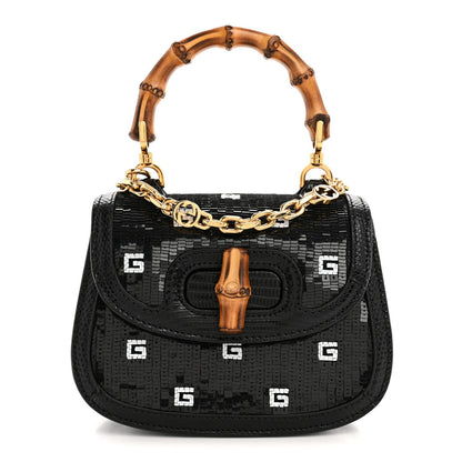 Sequin Lizard Embossed GG Mini Bamboo 1947 Top Handle Chain Bag Black White