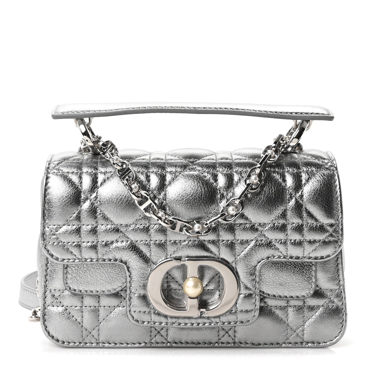 Metallic Lambskin Cannage Mini Jolie Top Handle Bag Silver