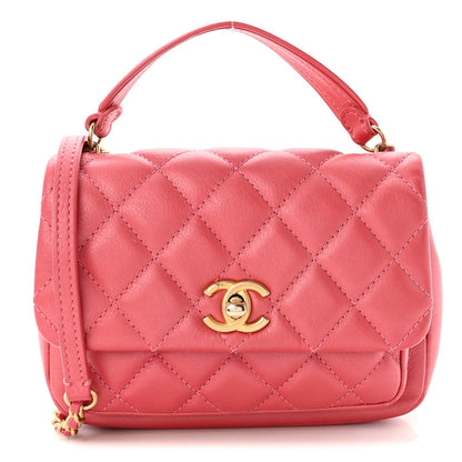 Metallic Calfskin Quilted Top Handle Flap Dark Pink