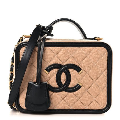 Caviar Quilted Medium CC Filigree Vanity Case Beige Black