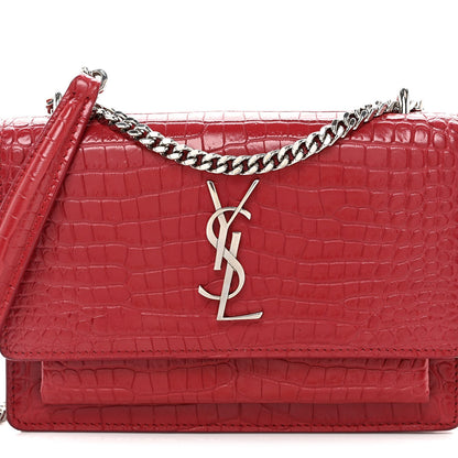 Calfskin Crocodile Embossed Monogram Sunset Chain Wallet Rouge Eros