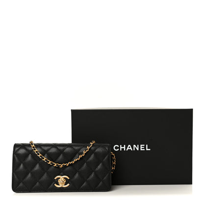 Caviar Quilted Camellia Clutch With Chain Black