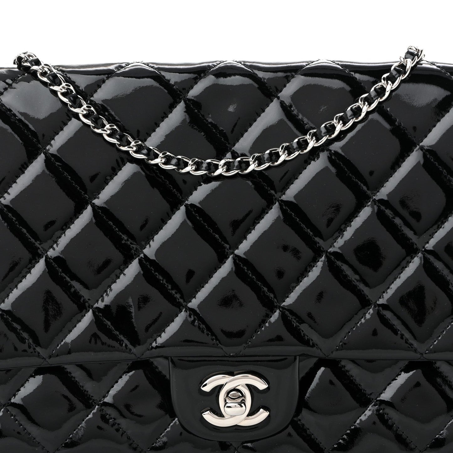 Patent Quilted Clutch with Chain Flap Black
