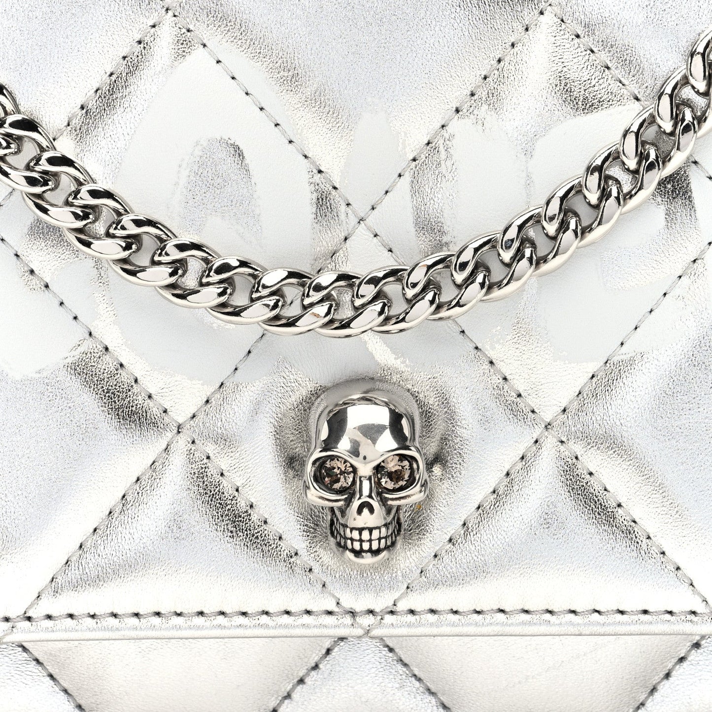 Metallic Calfskin Quilted Graffiti Skull Small Chain Crossbody Bag Silver