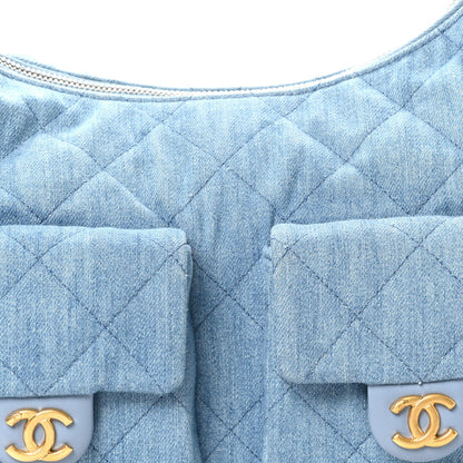 Washed Denim Quilted Large Trendy Pockets Hobo Blue