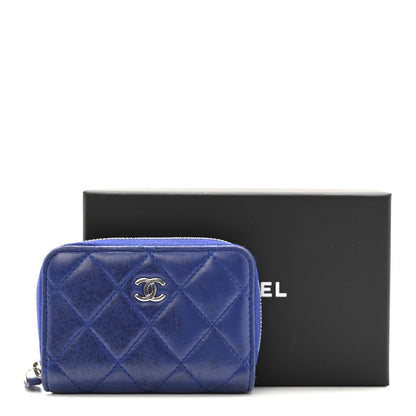 Lambskin Quilted Zip Around Coin Purse Wallet Blue