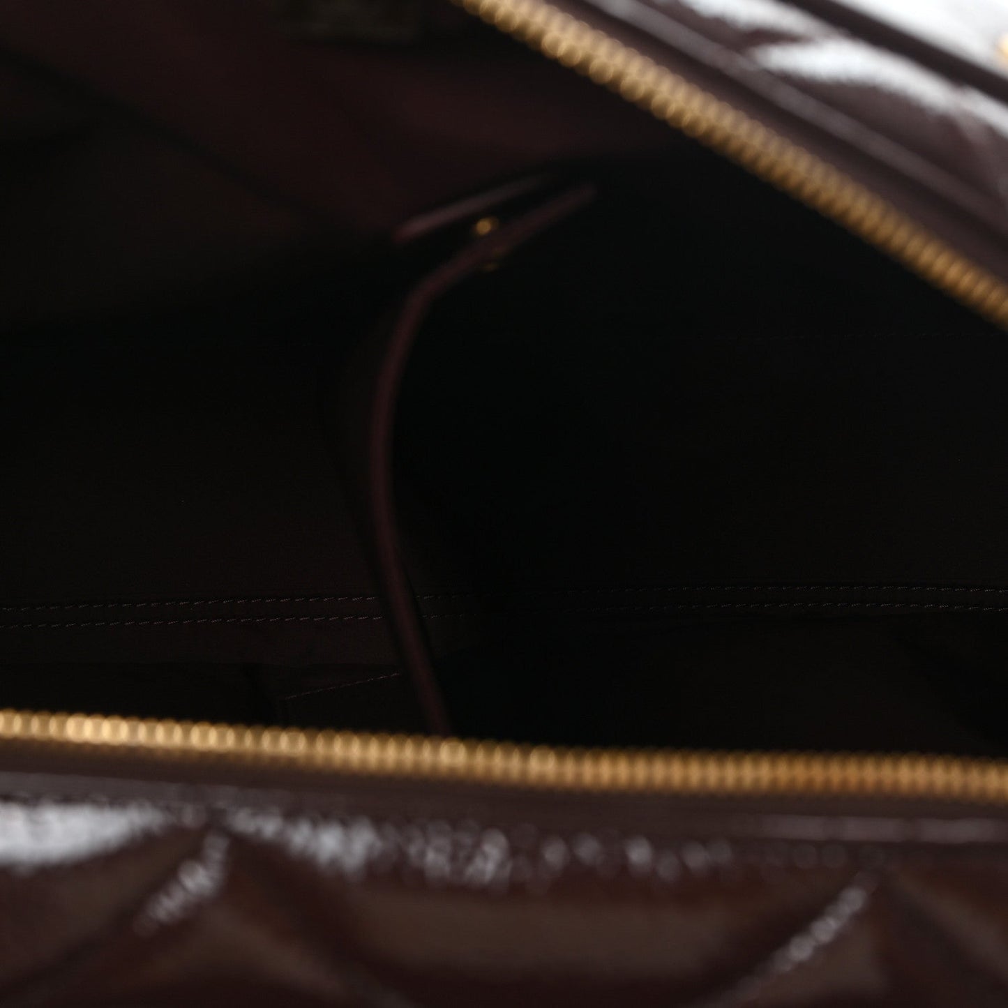 Patent Crumpled Calfskin Quilted Travel Bowling Bag Dark Brown