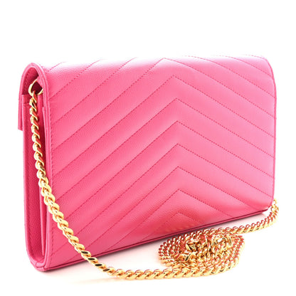 Grain De Poudre Matelasse Chevron Monogram Chain Wallet Lipstick Fuchsia