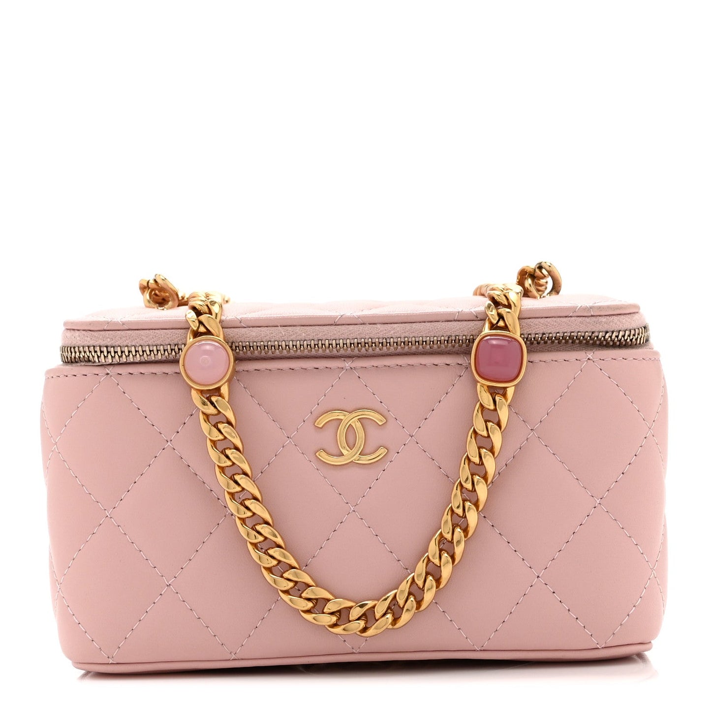 Caviar Quilted Pearl Enamel Small Vanity Case With Chain Light Pink