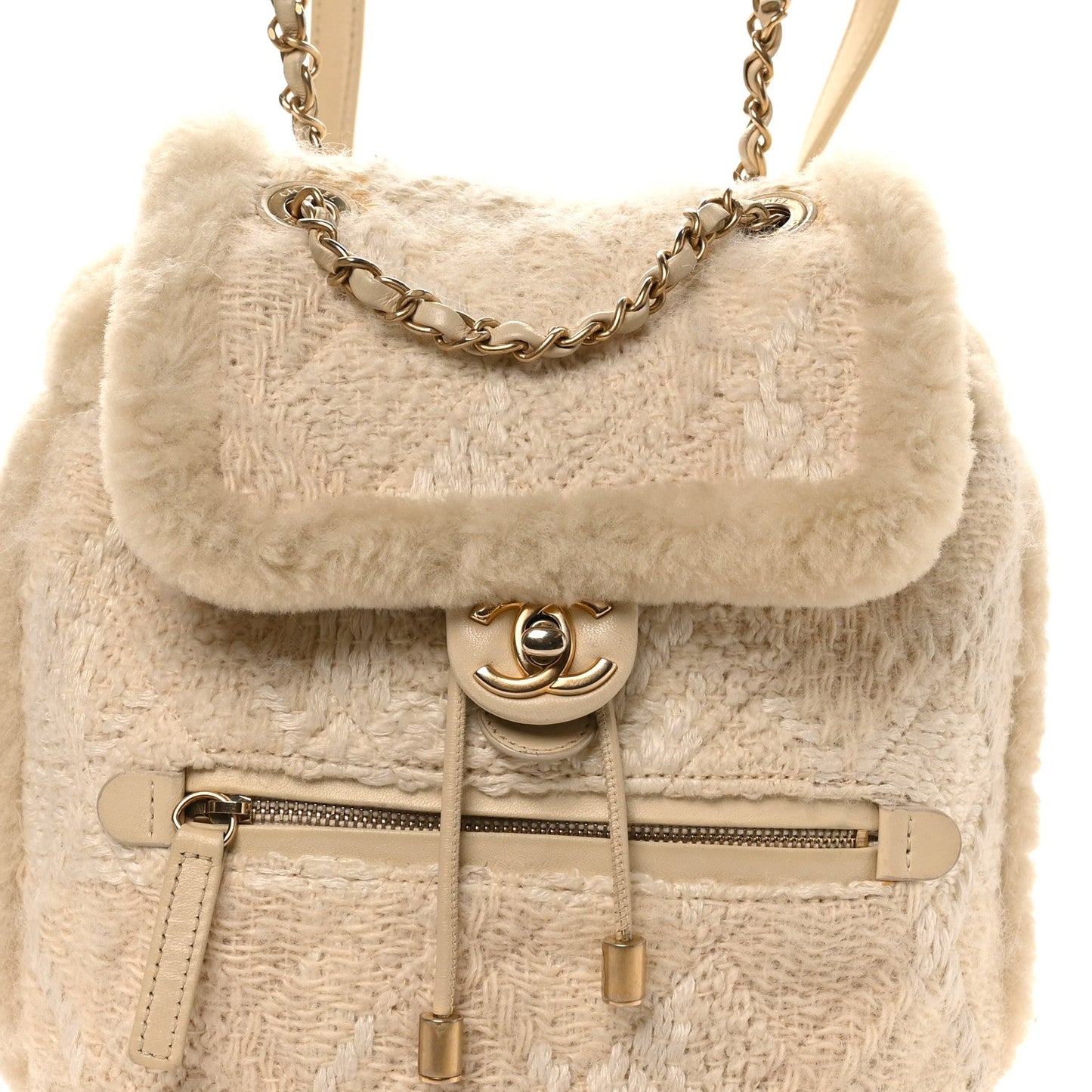 Tweed Shearling Quilted CC Backpack White
