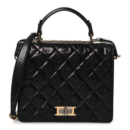 Glazed Calfskin Quilted Rita Top Handle Flap Black