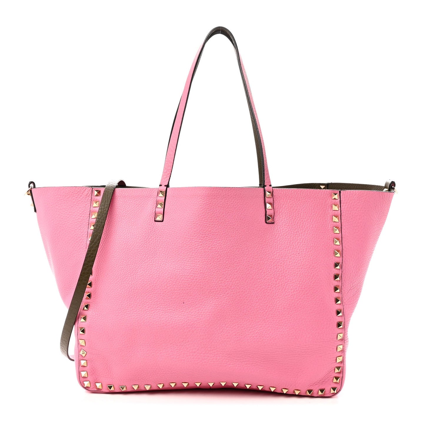 Grained Calfskin Medium Rockstud Reversible Tote Army Green Pink