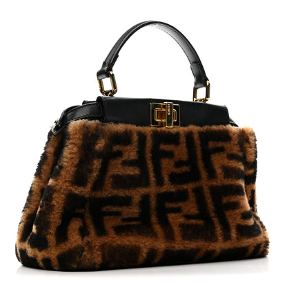 Shearling Nappa Macro FF 1974 Mini Peekaboo Iconic Satchel Tobacco Black