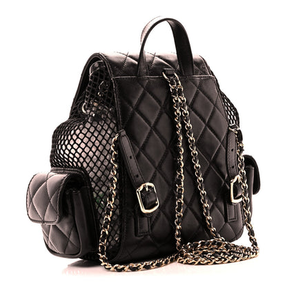 Shiny Lambskin Mesh Quilted Small Cargo Duma Drawstring Backpack Black