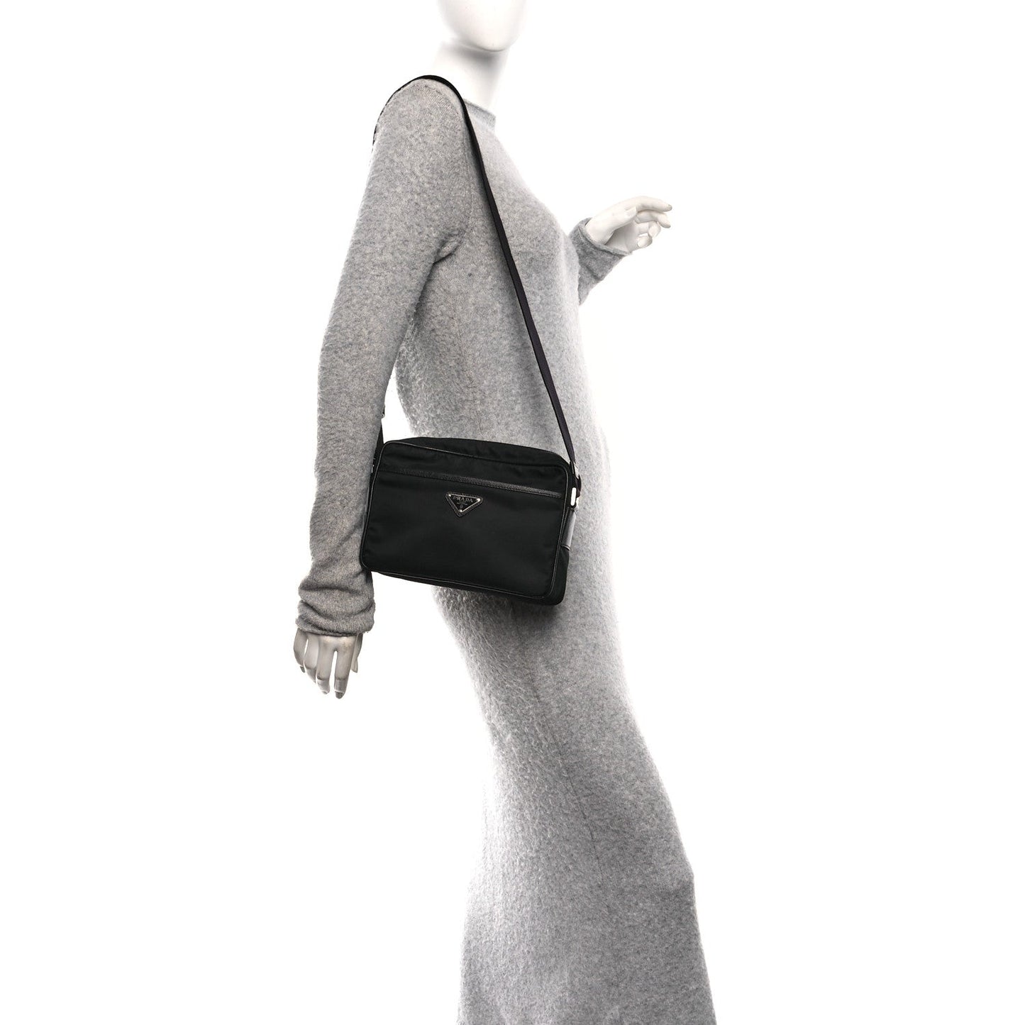Re-Nylon Vela Saffiano Pocket Double Zip Shoulder Bag Black