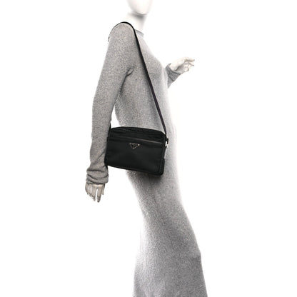 Re-Nylon Vela Saffiano Pocket Double Zip Shoulder Bag Black