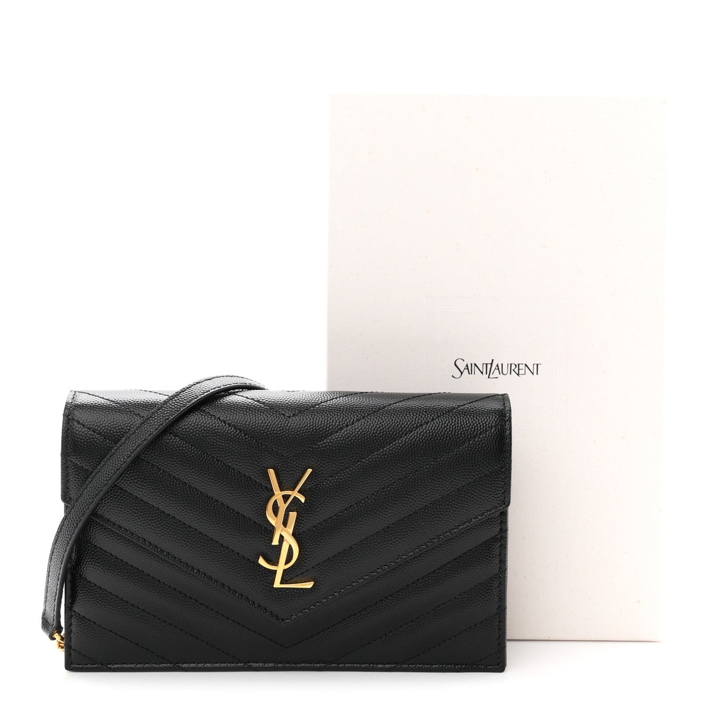 Grain De Poudre Matelasse Chevron Monogram Envelope Chain Wallet Black