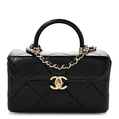 Shiny Calfskin Quilted Top Handle Box Bag Black