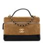 Suede Calfskin Shiny Lambskin Quilted Top Handle Slim Vanity Case With Chain Beige Black