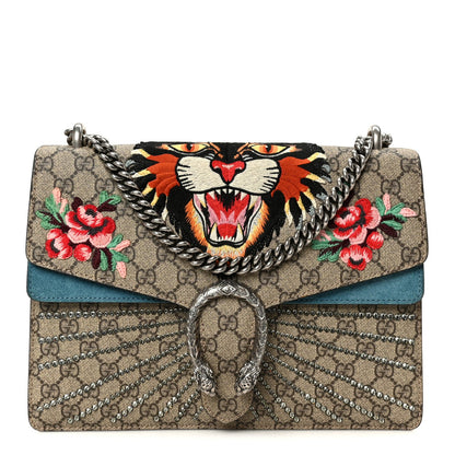 GG Supreme Monogram Angry Cat Embroidered Medium Dionysus Shoulder Bag Beige Ultramarine