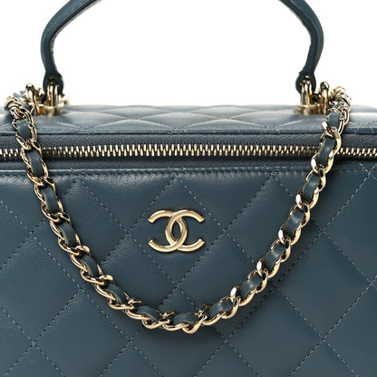 Lambskin Quilted Small Top Handle Vanity Case With Chain Blue