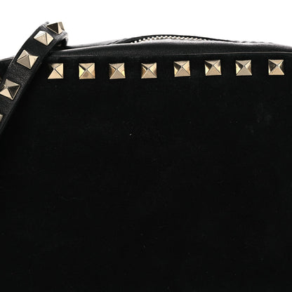 Calfskin Suede Rockstud Camera Crossbody Bag Black