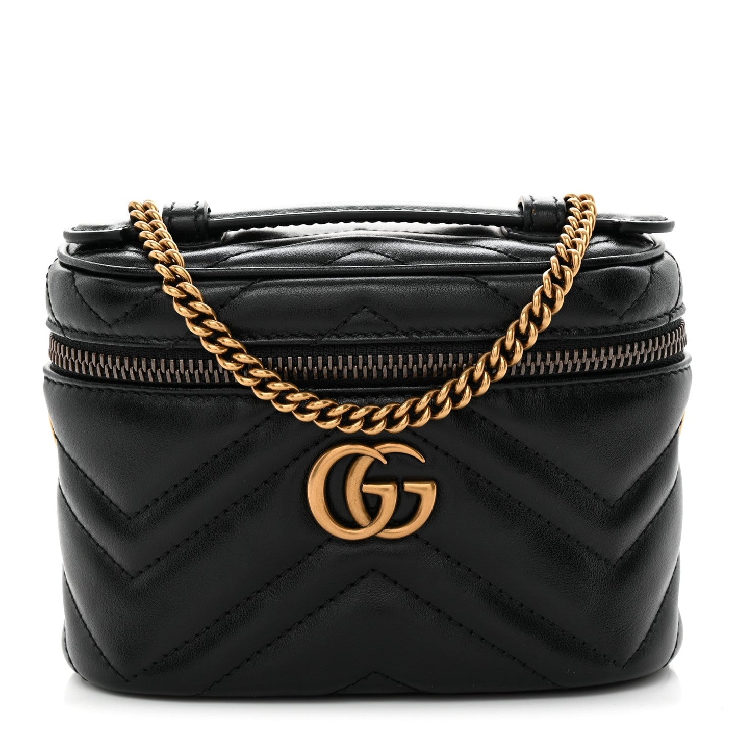 Calfskin Matelasse Chevron Mini GG Marmont Top Handle Bag Black