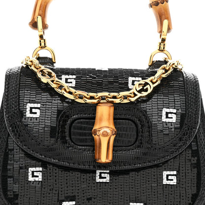 Sequin Lizard Embossed GG Mini Bamboo 1947 Top Handle Chain Bag Black White