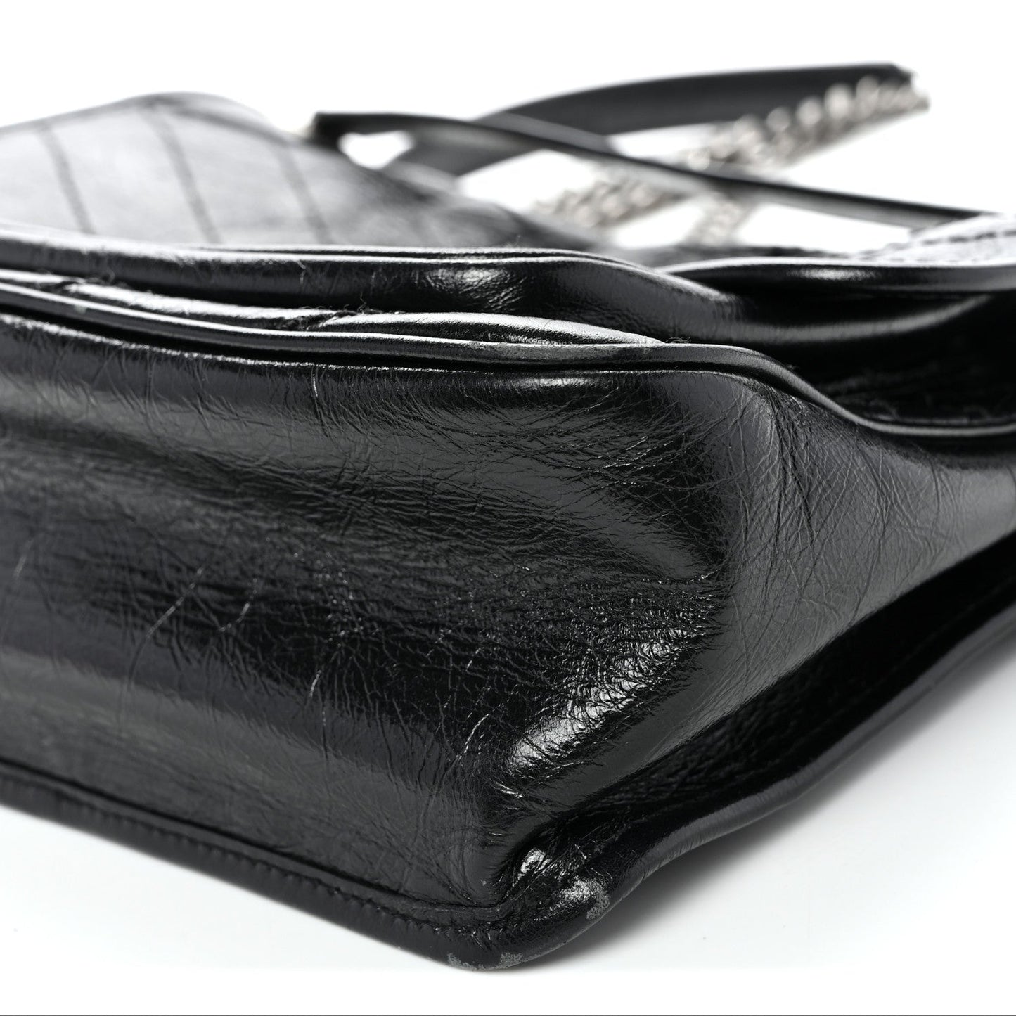 Crinkled Calfskin Matelasse Monogram Medium Niki Chain Satchel Black