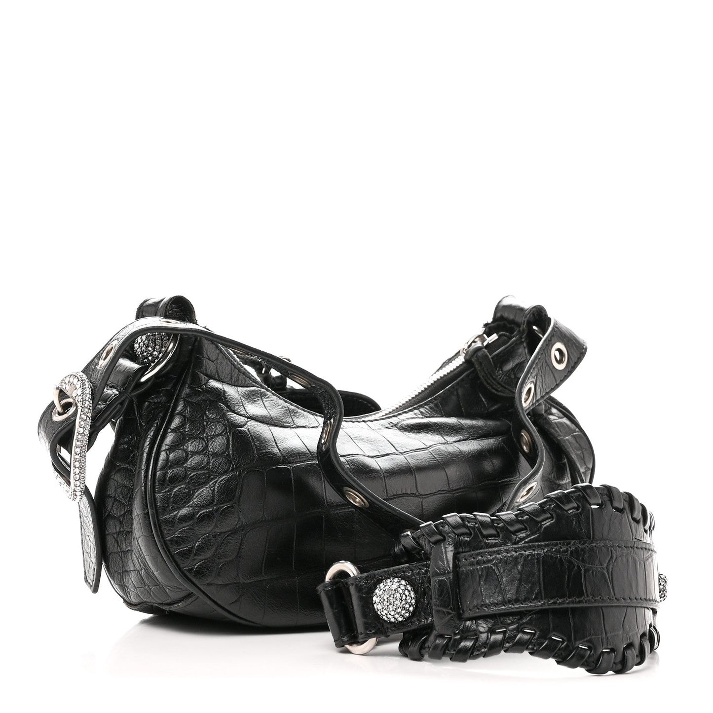 Extra Supple Calfskin Crystal Crocodile Embossed Le Cagole Shoulder Bag XS Black