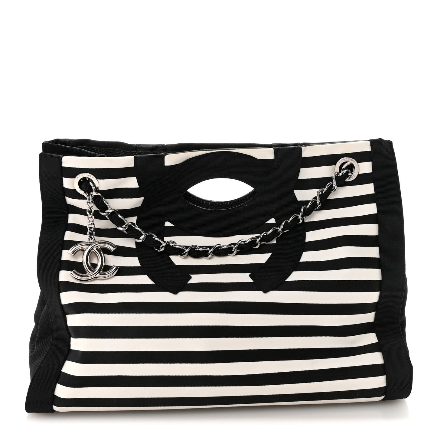 Canvas Grosgrain Striped CC Shopping Tote Black White