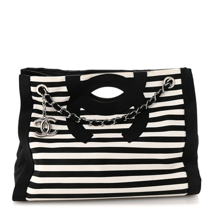 Canvas Grosgrain Striped CC Shopping Tote Black White