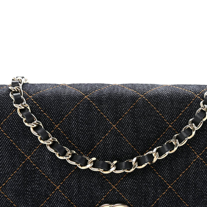 Denim Quilted CC Turnlock Wallet On Chain WOC Dark Blue Orange
