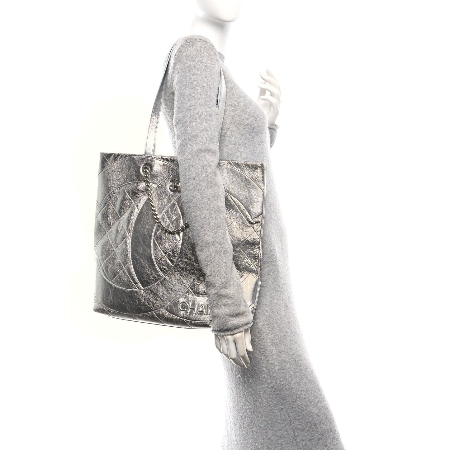 Metallic Calfskin Stitched CC Shopper Tote Silvery