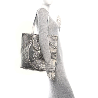 Metallic Calfskin Stitched CC Shopper Tote Silvery