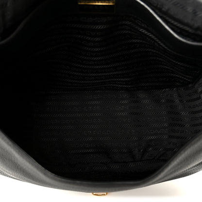 Vitello Daino Embossed Logo Flap Shoulder Bag Black