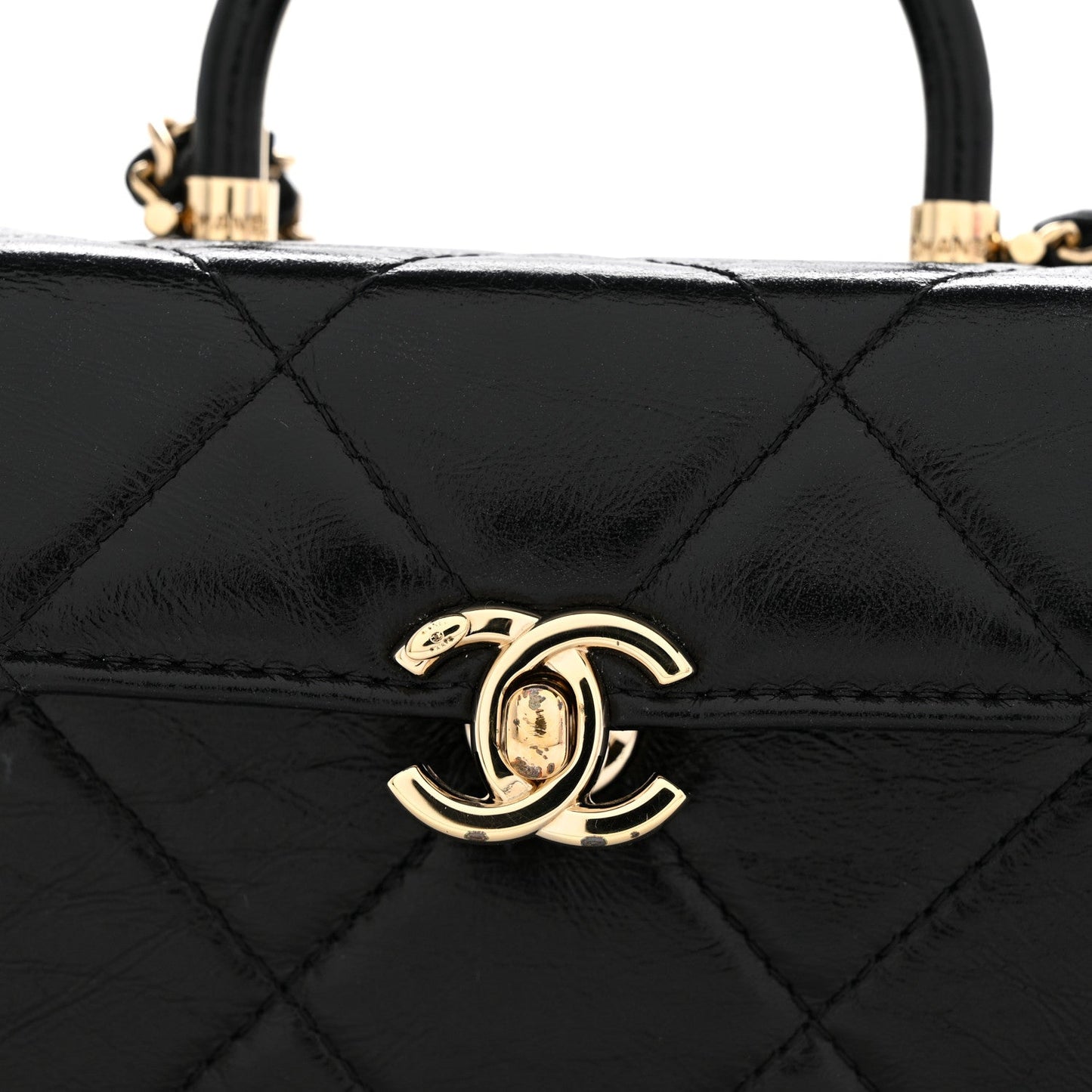 Shiny Calfskin Quilted Top Handle Box Bag Black
