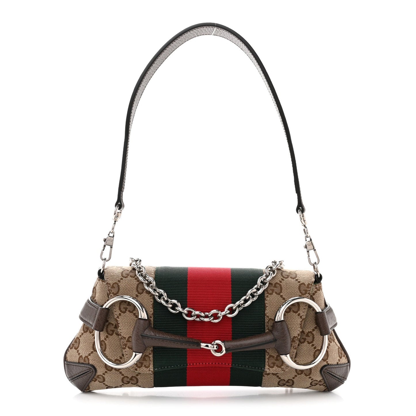 Monogram Textured Dollar Calfskin Heavy Grosgrain Web Small Maxi Horsebit Chain Shoulder Bag Beige Ebony New Acero