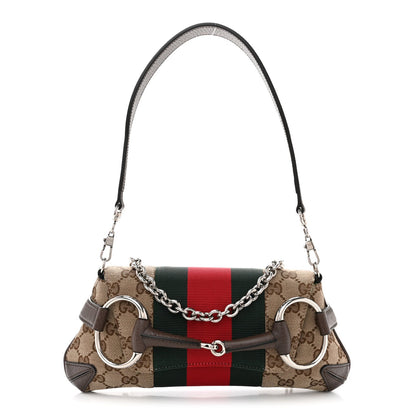 Monogram Textured Dollar Calfskin Heavy Grosgrain Web Small Maxi Horsebit Chain Shoulder Bag Beige Ebony New Acero