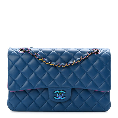Lambskin Quilted Medium Double Flap Blue Pink