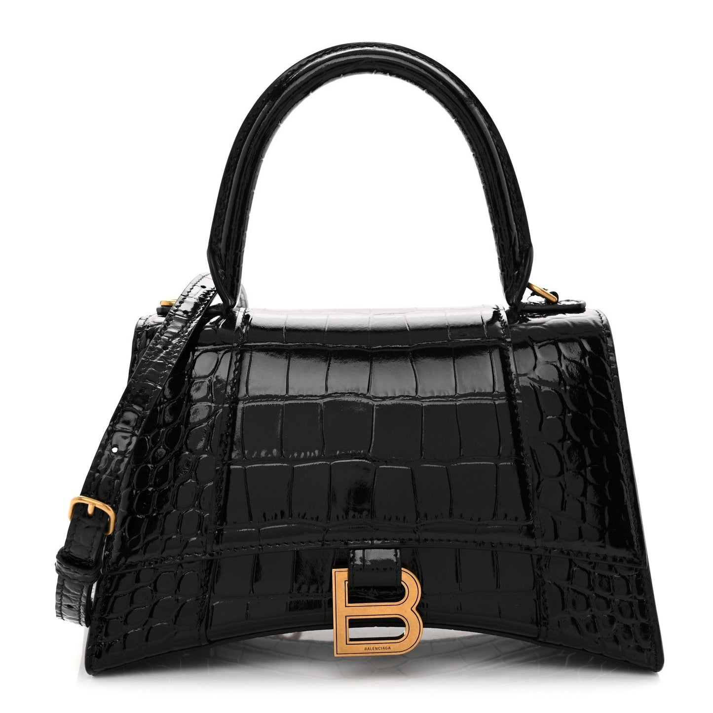 Shiny Calfskin Crocodile Embossed Small Hourglass Top Handle Bag  Black