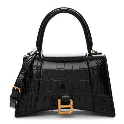 Shiny Calfskin Crocodile Embossed Small Hourglass Top Handle Bag  Black